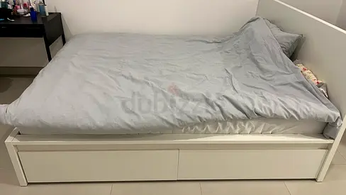 White queen bed frame with built-in drawers - good condition