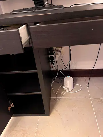 Used dark wood office desk with drawers and open shelving