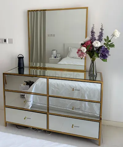 Gold Mirrored 6-Drawer Dresser with Matching Mirror