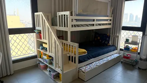 White Wooden Triple Bunk Bed with Stairs and Trundle - Good Condition