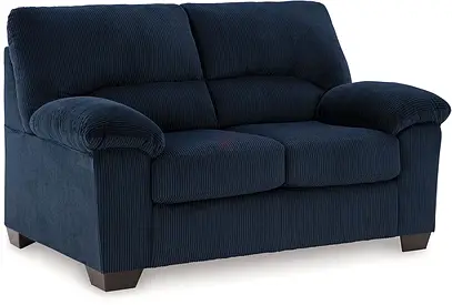 Padded arm dark blue corduroy fabric loveseat
