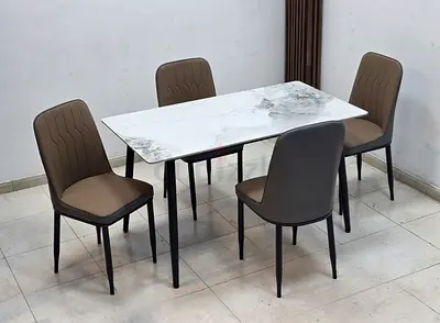 Modern 4-Seater Marble-Top Dining Table with Upholstered Chairs