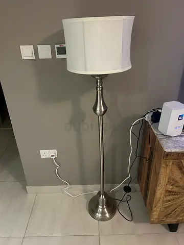 Brushed Nickel Floor Lamp with White Fabric Shade - Good Condition