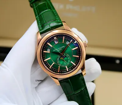 Patek Philippe-inspired Mens Green Dial Watch with Rose Gold Case and Green Leather Strap