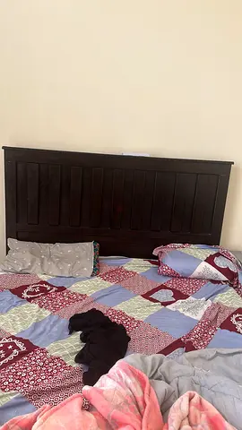 Queen size dark wood bed frame with headboard - good condition with mattress