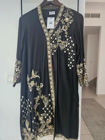 Black Embroidered Pakistani Shalwaar Kameez with Gold Detailing - New with Tags