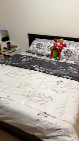 Home Center Queen size wooden bed frame with mattress and bedding - good condition