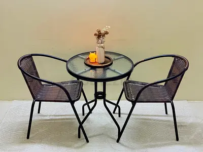 2 Outdoor Metal Bistro Chairs with Glass Top Round Table - Brown