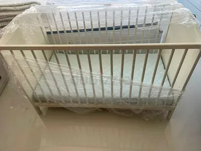 White Wooden Baby Crib with Mattress - Good Condition