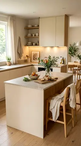 Modern Kitchen Island with Marble Top and Wooden Base — Light Beige