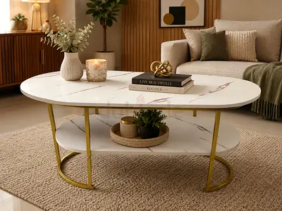 White Marble Effect Oval Coffee Table with Gold Frame