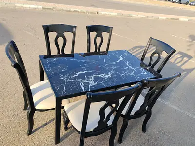 Black 6-Seat Dining Table with Marble-glass Effect Top
