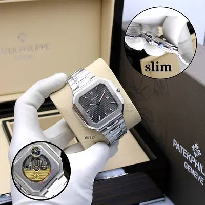 Patek Philippe style slim stainless steel automatic watch