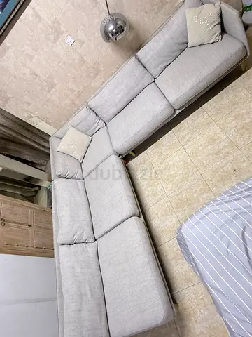 Crate and barrel light grey L-shaped fabric sectional sofa - good condition