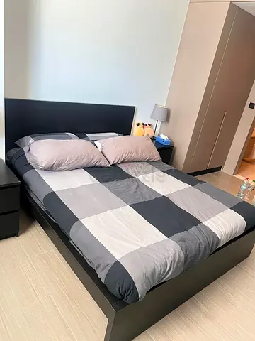 Used Double Bed Frame with Headboard and Two Nightstands - Dark Wood