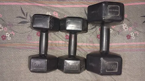 Rubber Hex Dumbbell Set (Pair of 3kg + Single 8kg) - Good Condition
