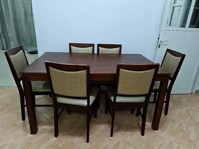Solid Wood 6-Seater Dining Table with Upholstered Chairs