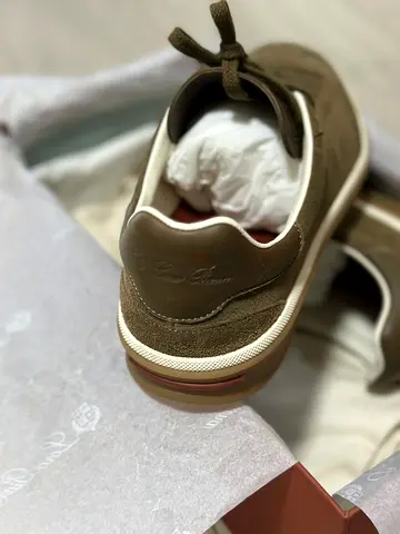 Authentic Loro Piana Tennis Walk Suede Sneakers - Olive Green, Size 41.5 (Like New),