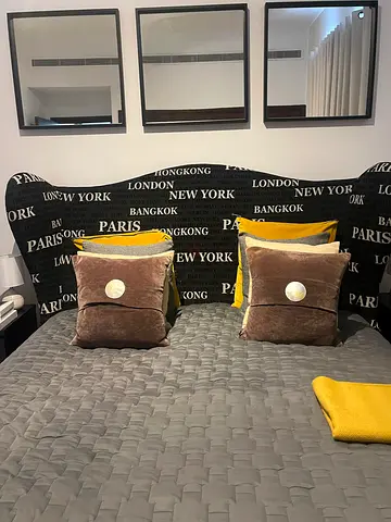 Marina Home King bed with decorative headboard and cushions - perfect condition with mattress