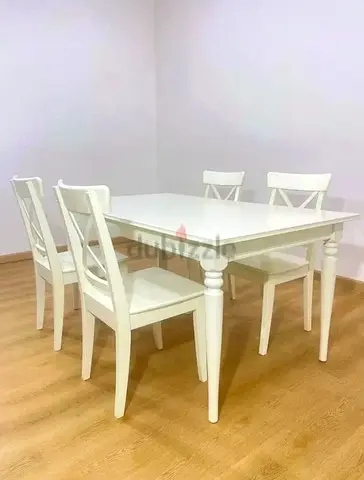 White 4-Seater Dining Table with Chairs - Classic Wooden Set