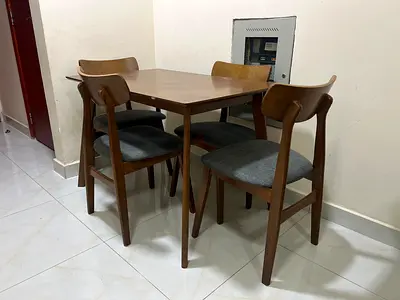 Wooden 4-Seater Dining Table with Chairs - Midcentury Style