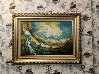 Original Framed Abstract Seascape Painting in Ornate Gold Frame