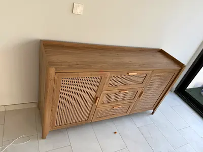 Solid Wood Storage Cabinet with Woven Cane Doors - Light Oak