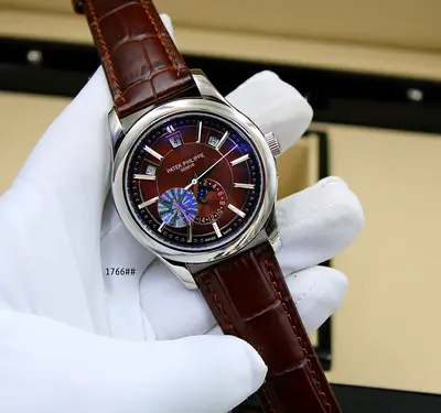 Patek Philippe style brown dial mens watch with leather strap
