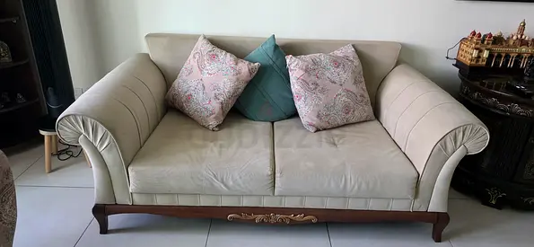 Cream Fabric 3-Seater Sofa with Wooden Trim - Good Condition