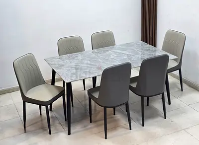 Modern 6-Seater Marble-Top Dining Table with Upholstered Chairs