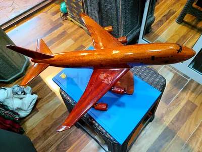 Hand-carved Mahogany Wood Airplane Model - Vintage Decorative Collectible 46cm length