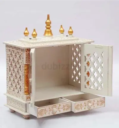 Wooden Decorative Home Temple / Puja Mandir with Drawers - White  Gold