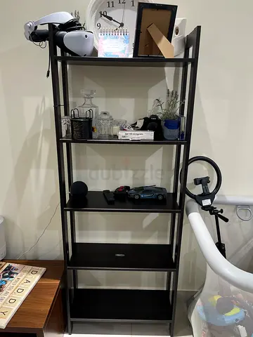 Tall black metal  wood shelving unit — 5-tier bookcase