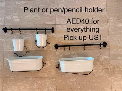 Wall-mounted metal plant and pen/pencil holders – set of 4 (white  black)