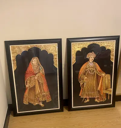 Beautiful matching pair of framed Rajasthani / Jaipur miniature-style royal portraits