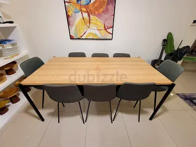 Solid Wood Dining Table with 6 Grey Fabric Chairs - Modern Set