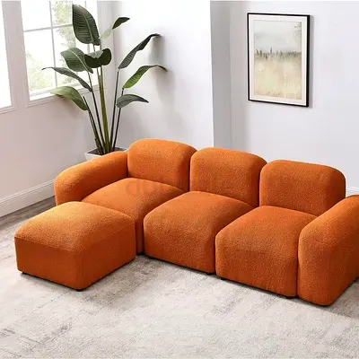 Modern Modular 3-Seater Orange Sofa with Ottoman - Good Condition