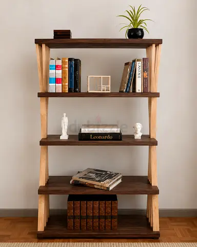 Solid Wood 4-Tier Bookshelf with Sculptural Side Supports