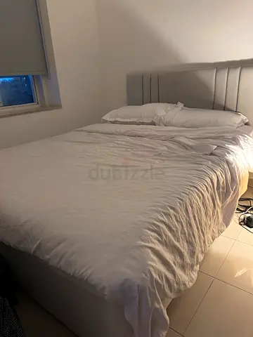 King Size Bed with light grey Upholstered Headboard and mattress- Excellent Condition
