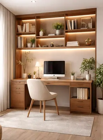 Wooden Home Office Desk with Overhead Shelving and Drawers - Light Oak