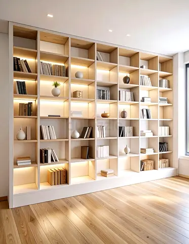 Large Modern Built-in Wooden Bookshelf with Integrated Lighting