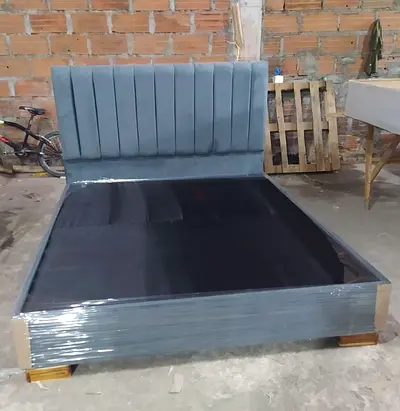 Grey upholstered double bed frame with padded headboard - new