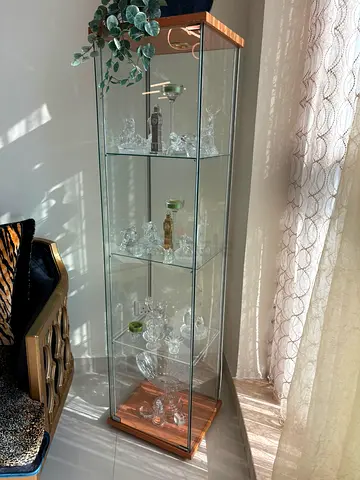 Glass Display Curio Cabinet with Wooden Base and Top