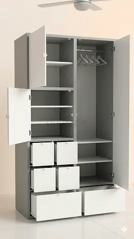 Tall grey wardrobe with multiple shelves, drawers and hanging rail - good condition