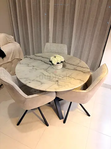 Round Marble-Top Dining Table with 3 Upholstered Chairs - Excellent Condition
