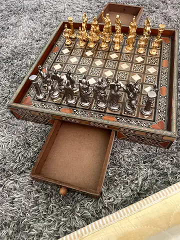 Vintage Inlaid Wooden Chess Set with Metal Pieces and Storage Drawer