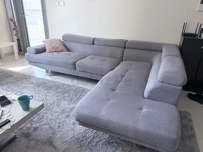 Large Grey L-shaped Fabric Sofa - Good Condition