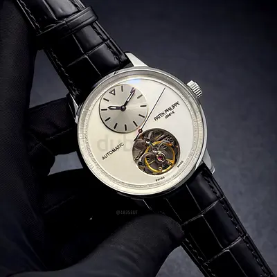 Patek Philippe-style Automatic Tourbillon Dress Watch with Black Leather Strap