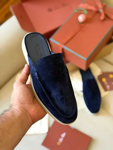Loro piana Navy Suede Slip-On Mule Loafers - Unworn