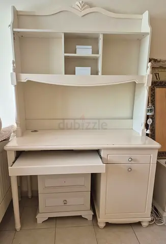 White wooden desk with hutch and storage - good condition